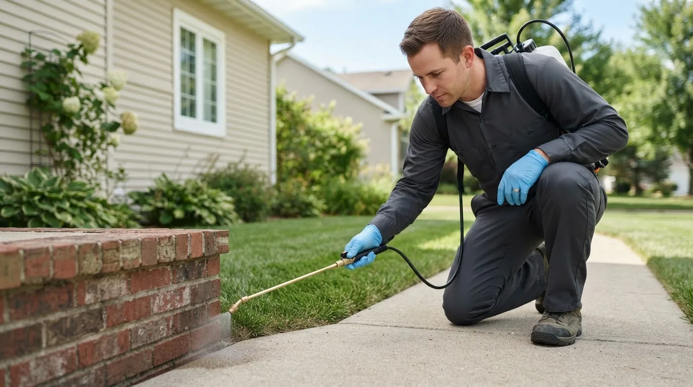 Pest control technician treating a home near Fostoria, IA