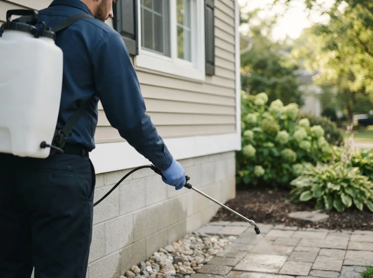 Pest control technician inspecting a home in Fostoria, IA